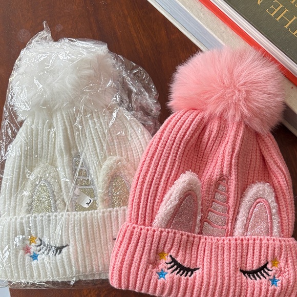 Other - Pink and White Unicorn Knit fleece lined Beanies